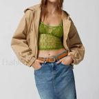 Striped Square Neck Mesh Crop Top Green / S