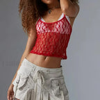 Striped Square Neck Mesh Crop Top Red / S