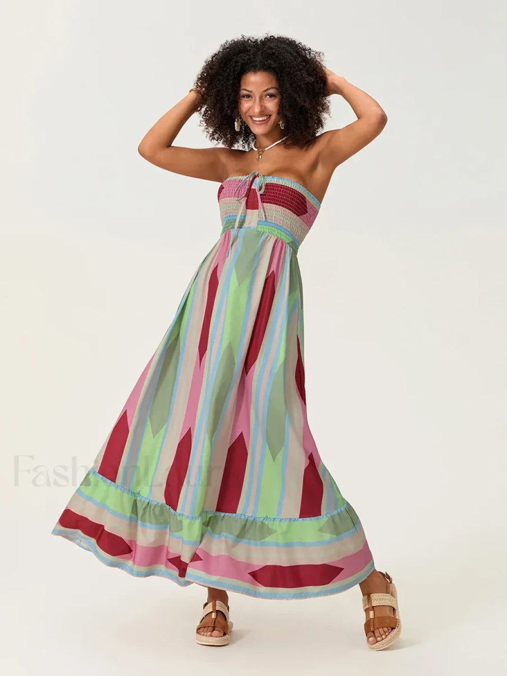 Striped Tube Top Boho Dress green / S