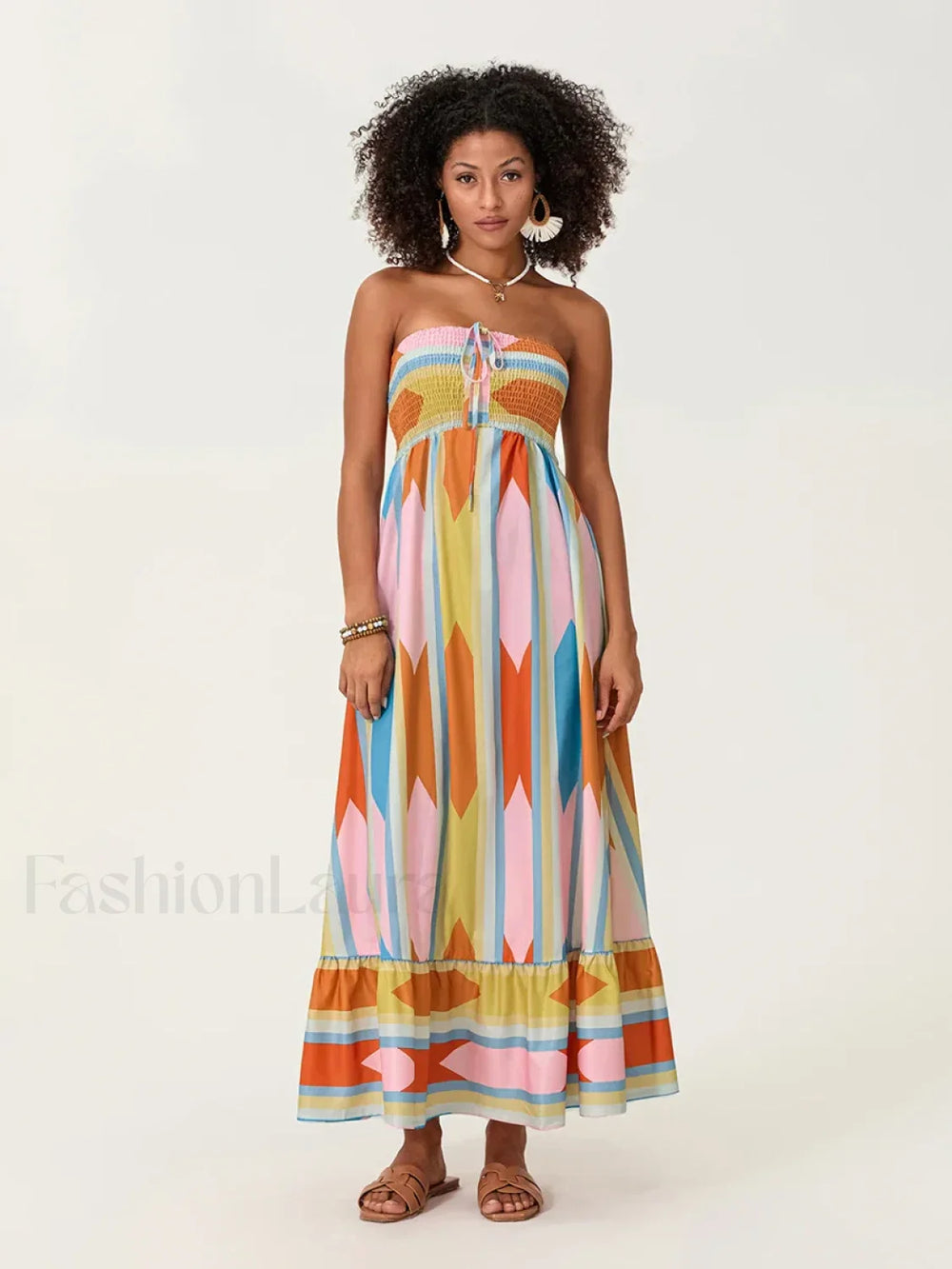 Striped Tube Top Boho Dress pink / S