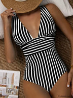 Striped V Neck Soild Color One Piece Black / S