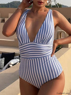 Striped V Neck Soild Color One Piece Blue / S