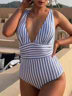 Striped V Neck Soild Color One Piece Blue / S