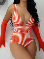 Striped V Neck Soild Color One Piece Red / S
