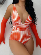 Striped V Neck Soild Color One Piece Red / S