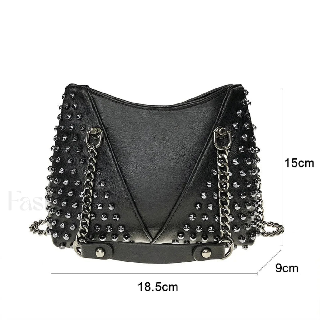 Studded Rivet Rock Chain Purse Leather Crossbody Wallet Punk Bag Black