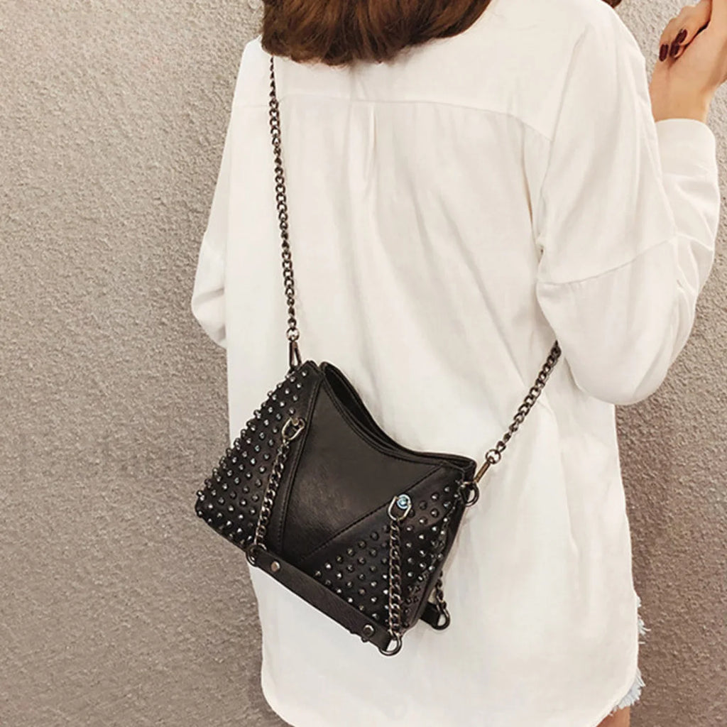 Studded Rivet Rock Chain Purse Leather Crossbody Wallet Punk Bag Black