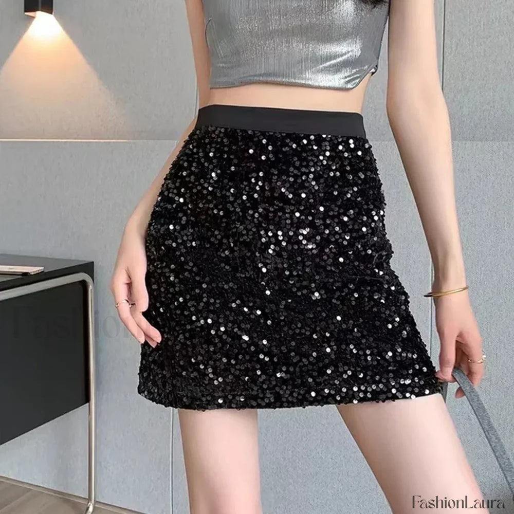 Stylish Comfy Sequins Short Skirt Black / M