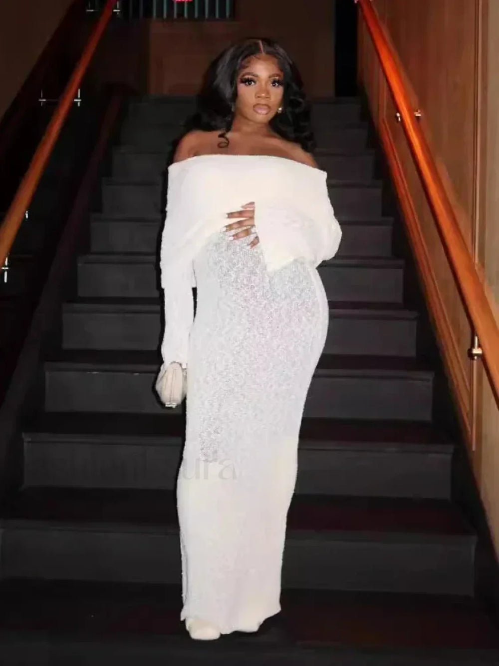 Stylish Knitted Sheer Beach Hollow Out Off Shoulder Elegant Long Sleeve Maxi Dress