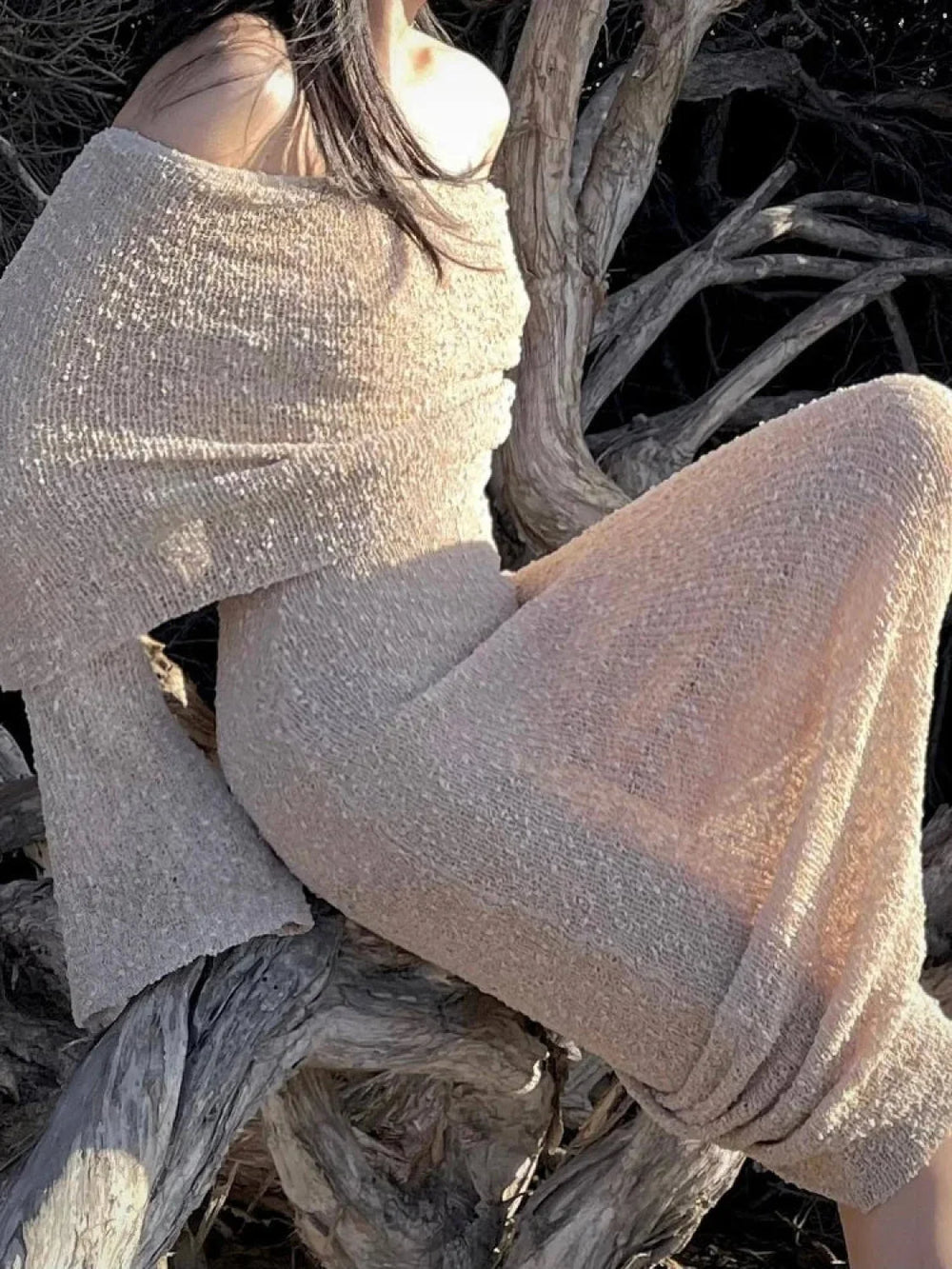 Stylish Knitted Sheer Beach Hollow Out Off Shoulder Elegant Long Sleeve Maxi Dress
