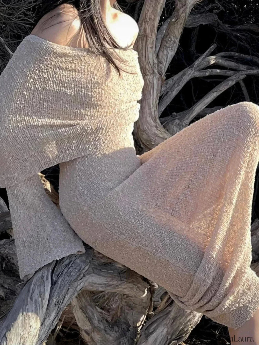 Stylish Knitted Sheer Beach Hollow Out Off Shoulder Elegant Long Sleeve Maxi Dress