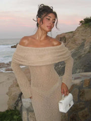 Stylish Knitted Sheer Beach Hollow Out Off Shoulder Elegant Long Sleeve Maxi Dress