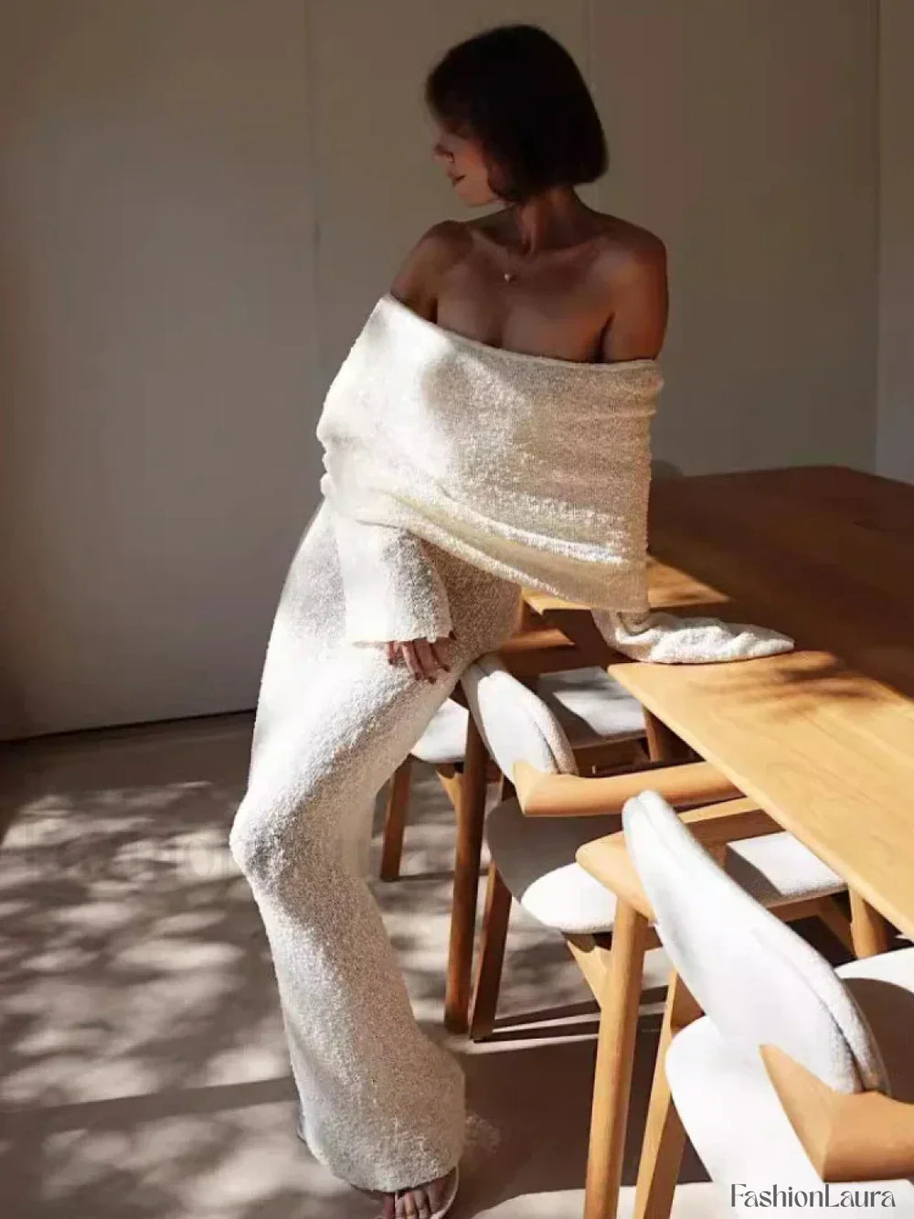 Stylish Knitted Sheer Beach Hollow Out Off Shoulder Elegant Long Sleeve Maxi Dress White / S