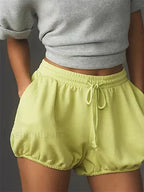 Summer Drawstring Elastic Mid Waist Solid Loose Casual Short