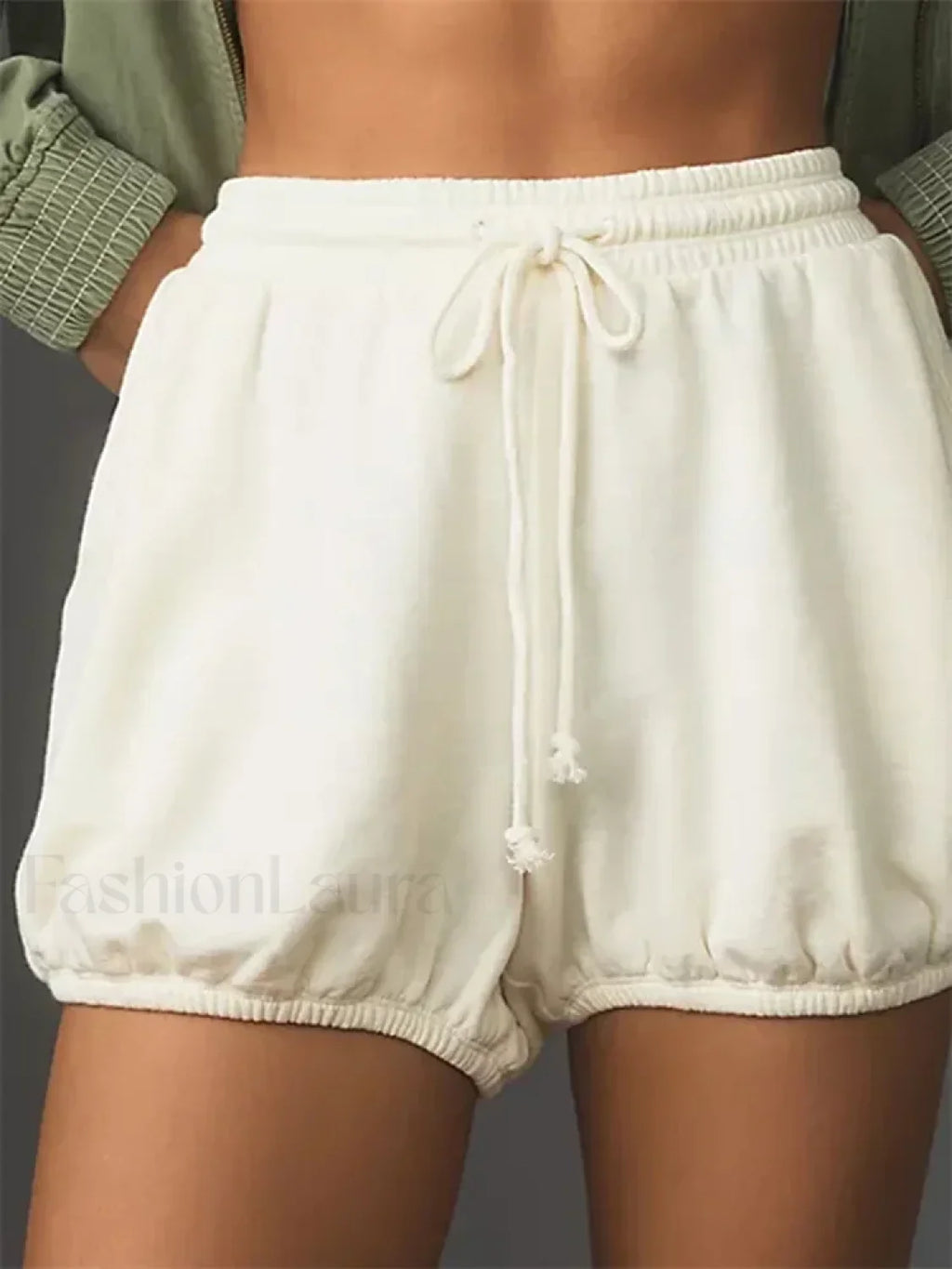 Summer Drawstring Elastic Mid Waist Solid Loose Casual Short white / S