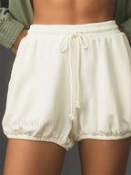 Summer Drawstring Elastic Mid Waist Solid Loose Casual Short white / S