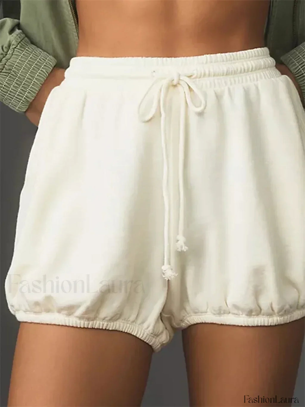 Summer Drawstring Elastic Mid Waist Solid Loose Casual Short white / S