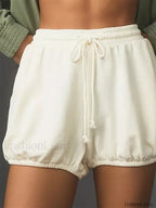 Summer Drawstring Elastic Mid Waist Solid Loose Casual Short white / S