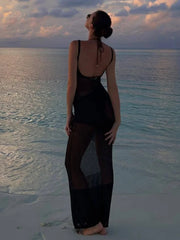 Summer Knit Backless See Through Sexy Sleeveless Bodycon Beach Party Cover Up Maxi Dress