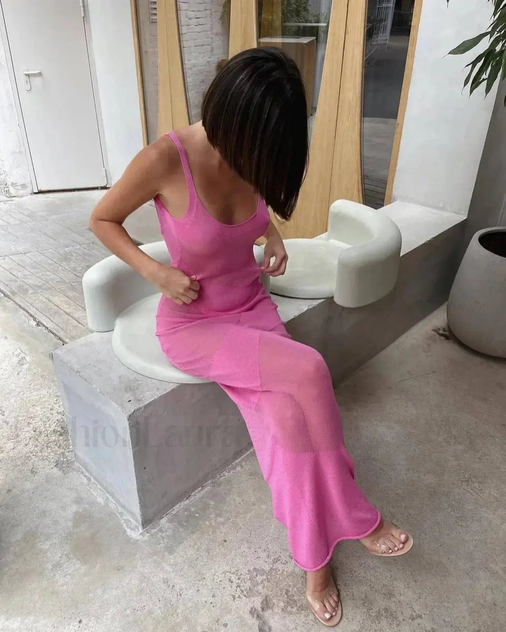 Summer Knit Backless See Through Sexy Sleeveless Bodycon Beach Party Cover Up Maxi Dress Pink / S