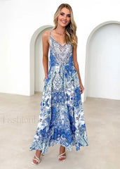 Summer Long for Women New Fashion Sling Backless Vestido Maxi Dress Blue / S