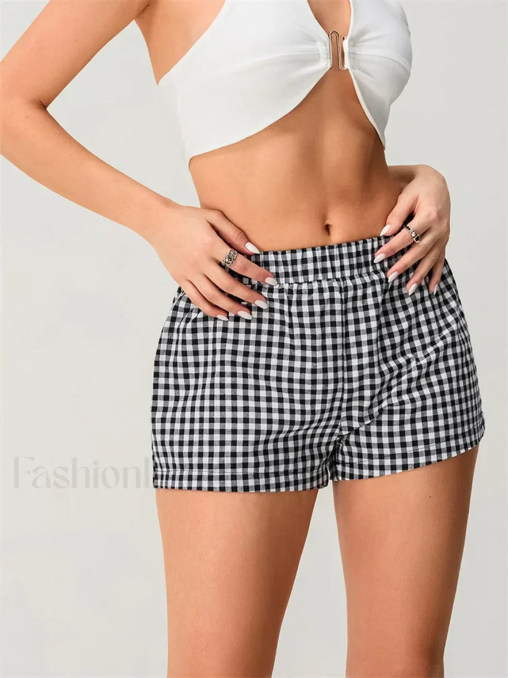 Summer Plaid Print Elastic Waist Loose Fit Casual Streetwear Short