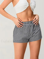 Summer Plaid Print Elastic Waist Loose Fit Casual Streetwear Short