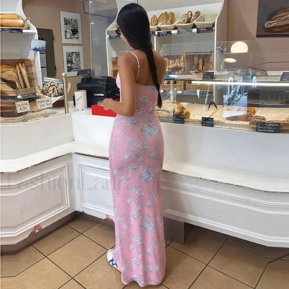 Summer Printed Beach Elegant Sexy Spaghetti Straps V neck Bodycon Long Evening Club Maxi Dress