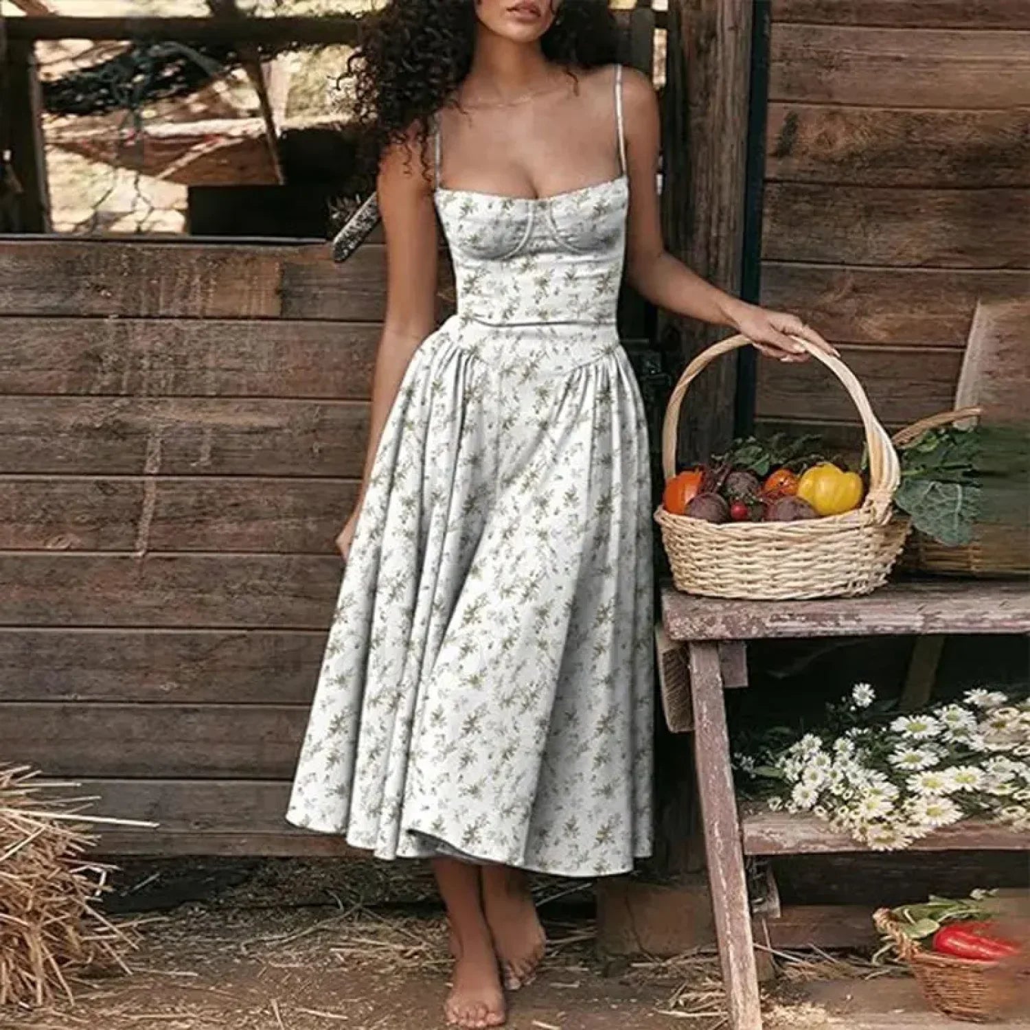 Summer Slim Spaghetti Strap Floral Dress Green floral / S