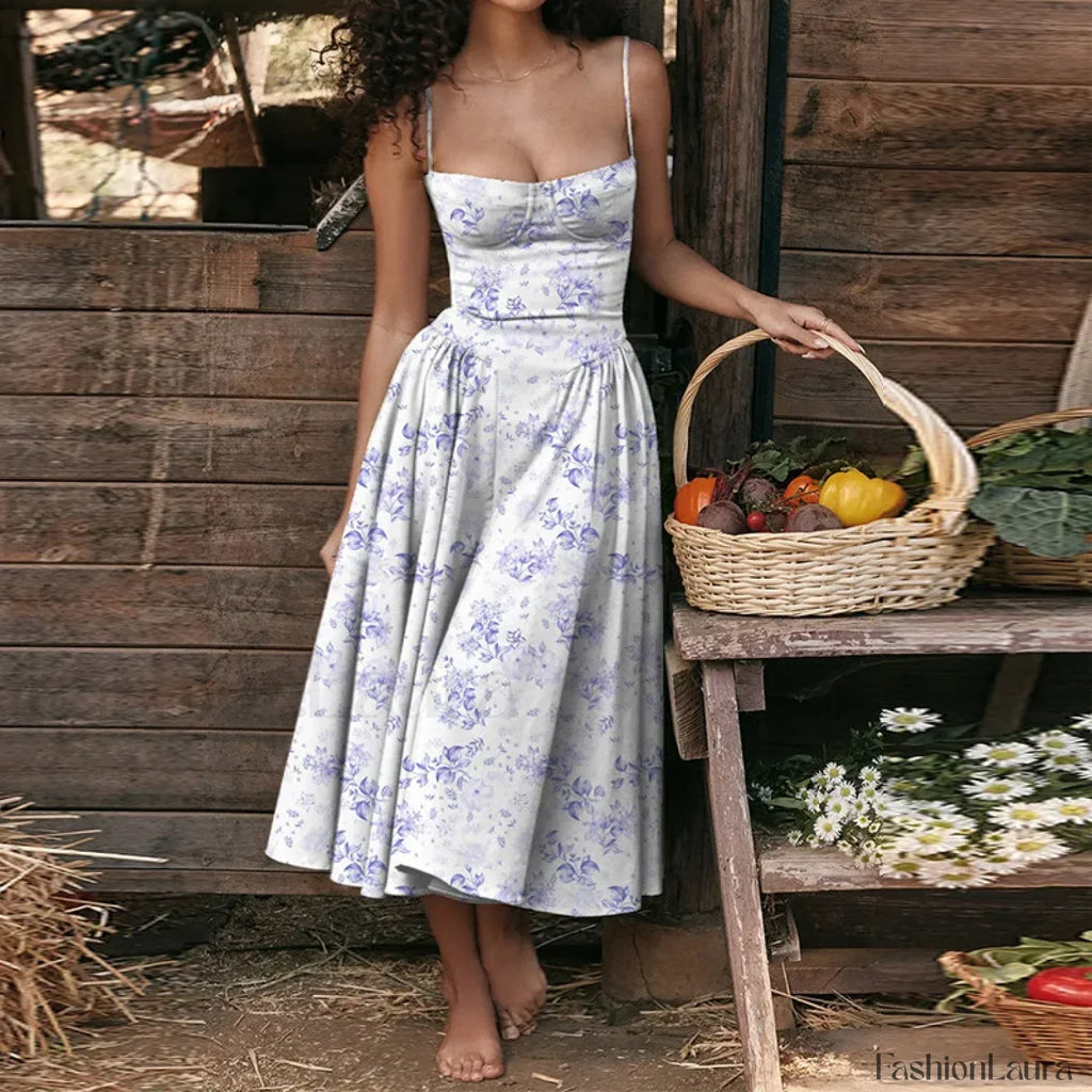 Summer Slim Spaghetti Strap Floral Dress Purple flower / S