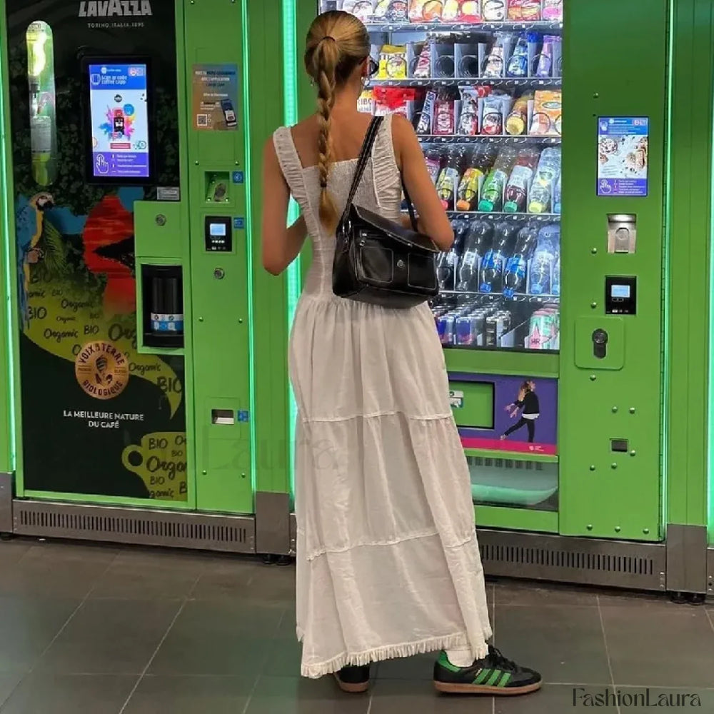 Summer White Beach Vintage Long New Holiday Women Button Fashion Pure Pleated Elegant Maxi Dress