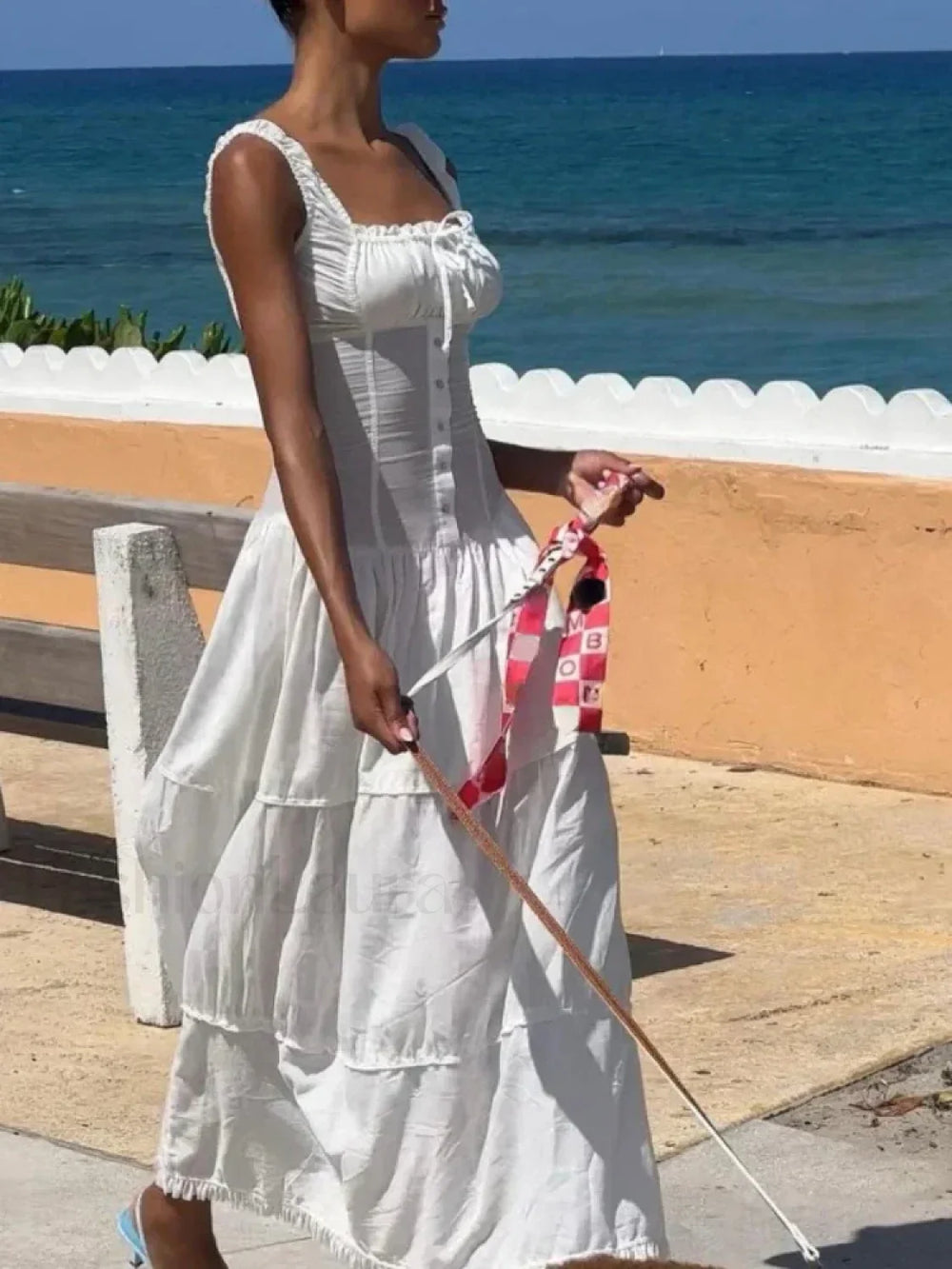 Summer White Beach Vintage Long New Holiday Women Button Fashion Pure Pleated Elegant Maxi Dress White / S