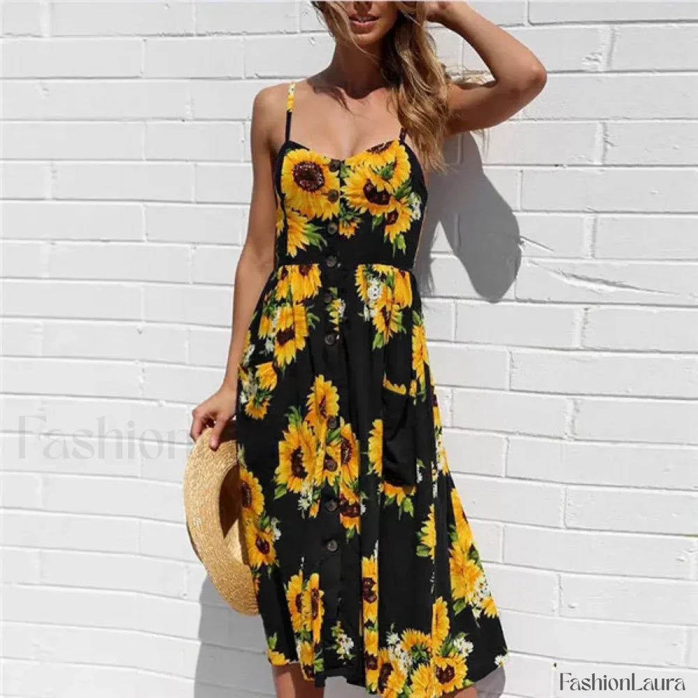 Suspenders Tiered Floral Dress Black / S