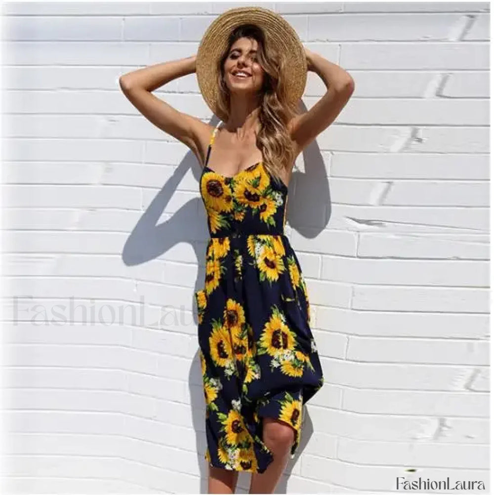 Suspenders Tiered Floral Dress dark blue / S