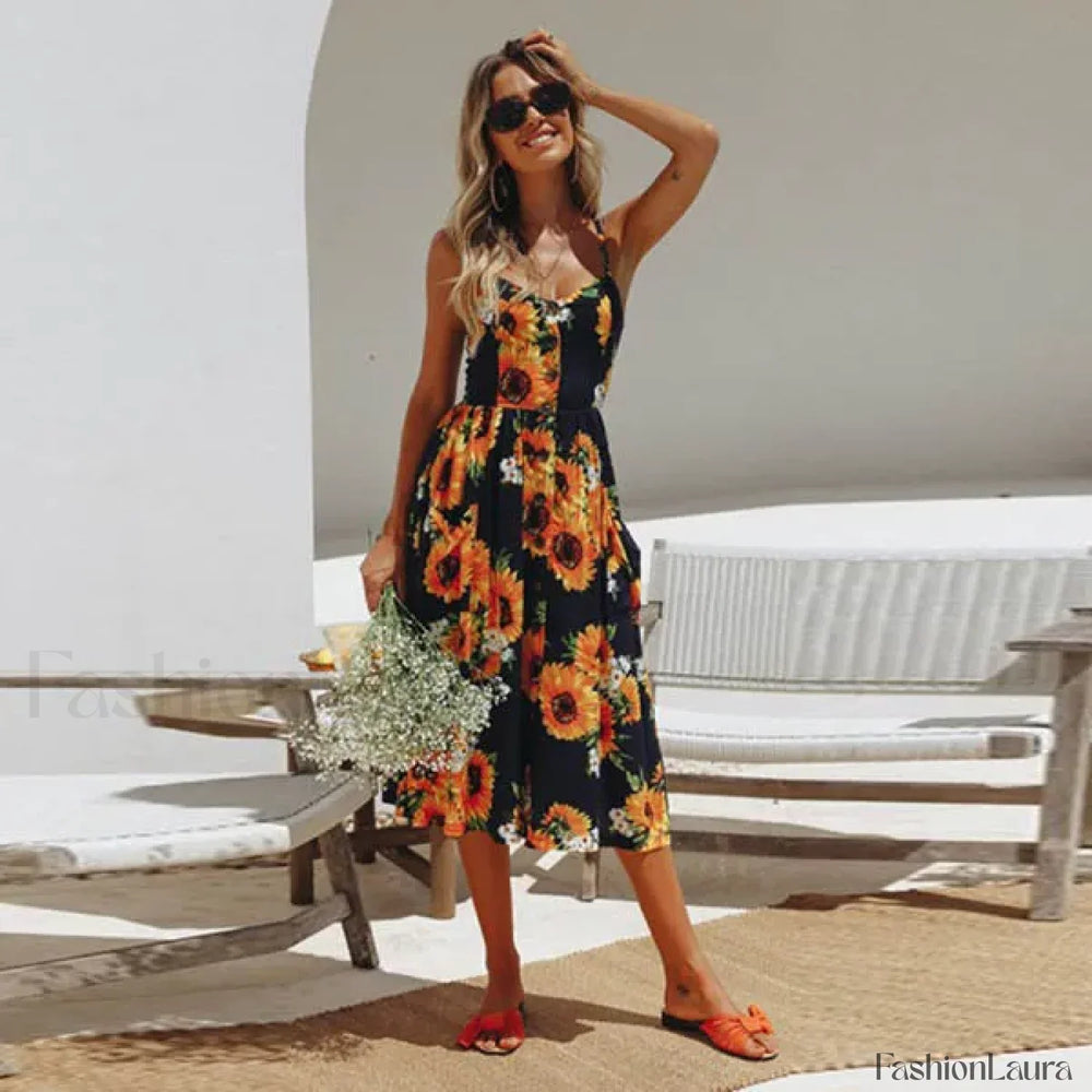 Suspenders Tiered Floral Dress Orange / S