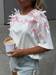Sweet 3D Bow Cotton T Shirt White / S