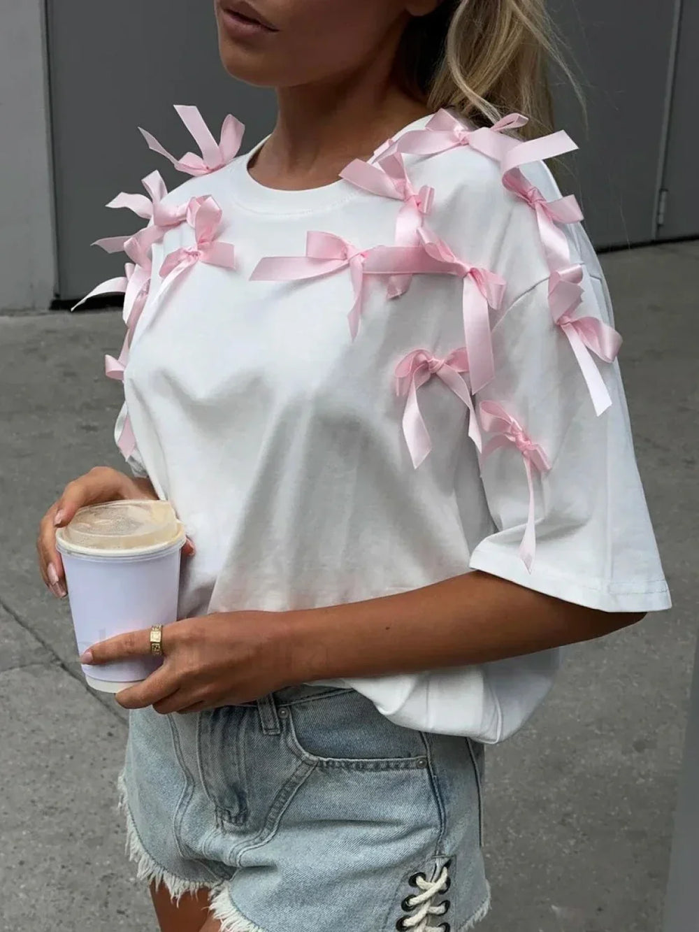 Sweet 3D Bow Cotton T Shirt White / S