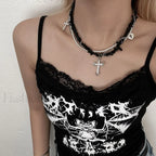 Sweet Cool Heart Cross Necklace BLACK