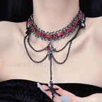 Sweet Cross Red Leather Gothic Layered Necklace RED