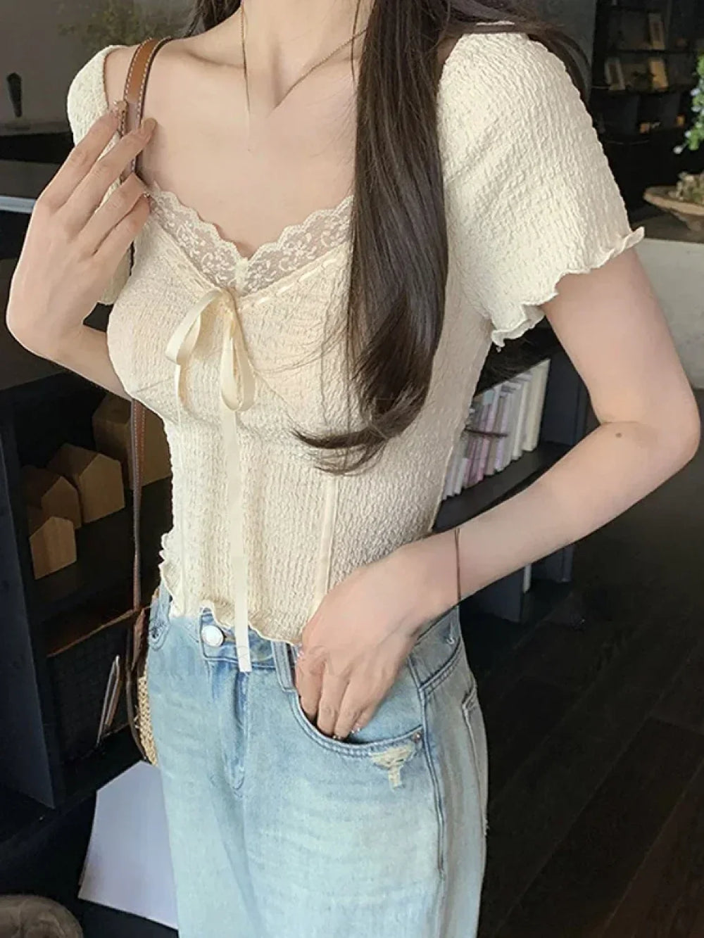 Sweet Lace Korean Kawaii Female Crop Tees Blouse Beige / S