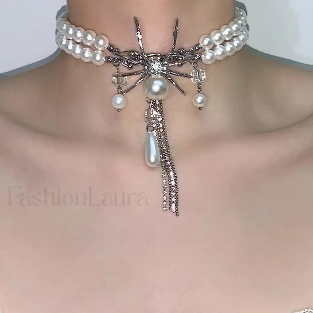 Sweet Pearl Layer Cool Double Spider Necklace SILVER