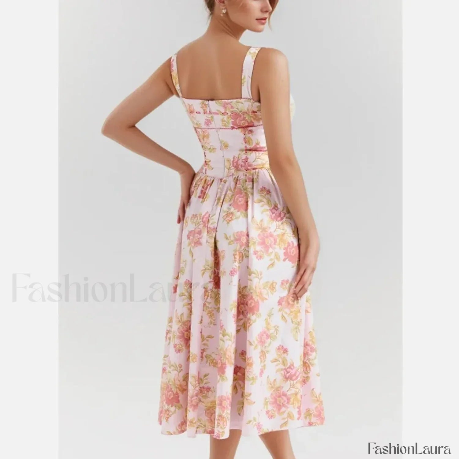 Sweet Pink Flower Print Tank Dress Cross Ribbon Eyelet Floral Dress Pink / S