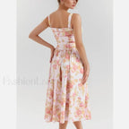 Sweet Pink Flower Print Tank Dress Cross Ribbon Eyelet Floral Dress Pink / S
