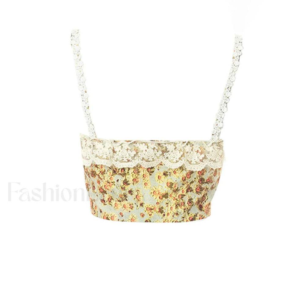 Sweet Ruffled Hook and Eye Lace Up Side Floral Crop Corset Top Green Crop Tops