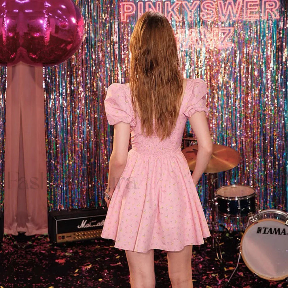 Sweet Style Frilled Tiered Ruffle Floral Printed Mini Dress Pink Floral Dresses