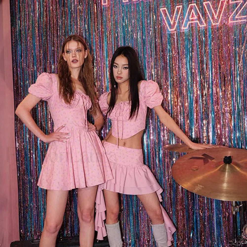 Sweet Style Frilled Tiered Ruffle Floral Printed Mini Dress Pink S / Pink split Floral Dresses