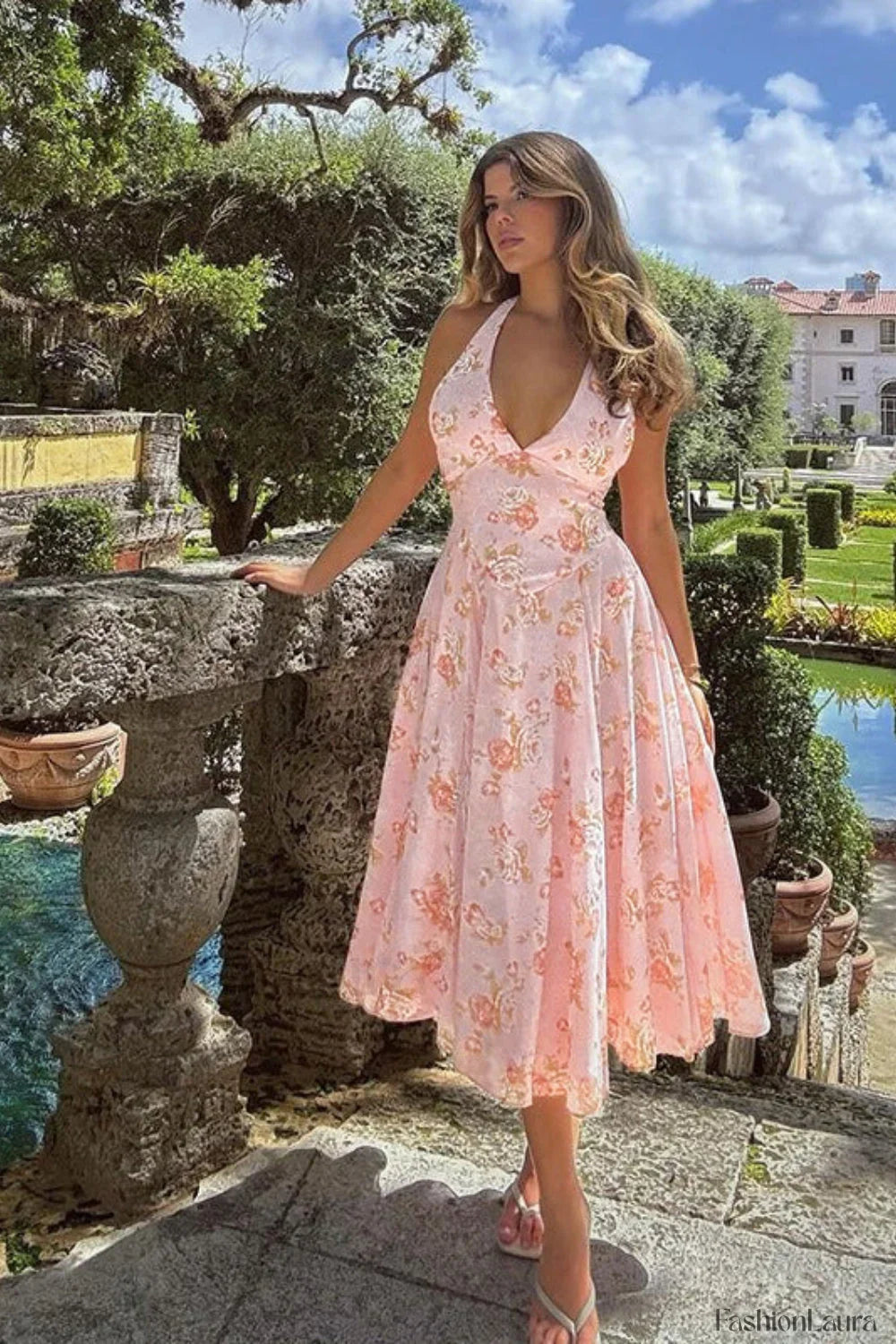 Sweet Wind Slim Print Neck A Line Floral Dress