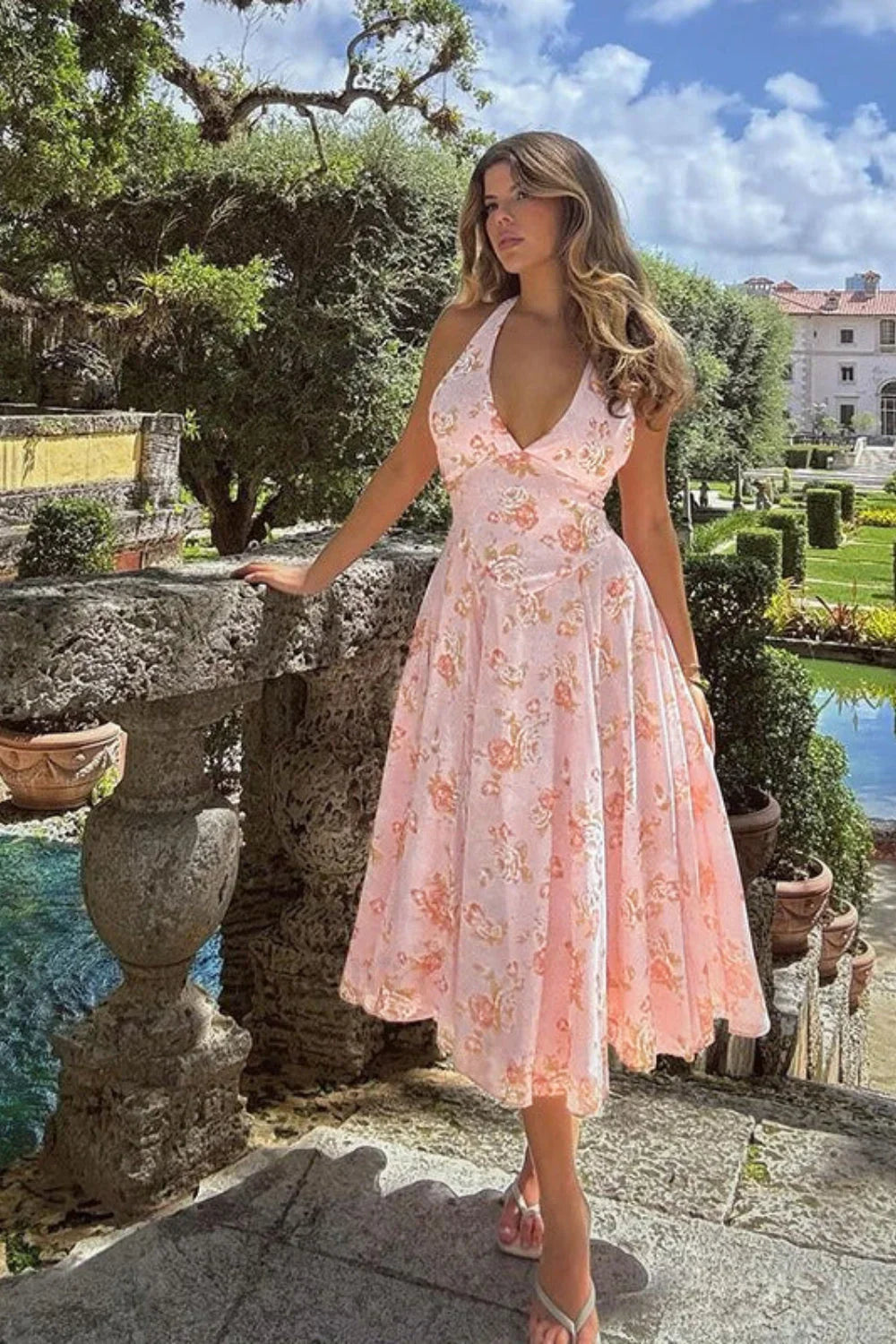 Sweet Wind Slim Print Neck A Line Floral Dress