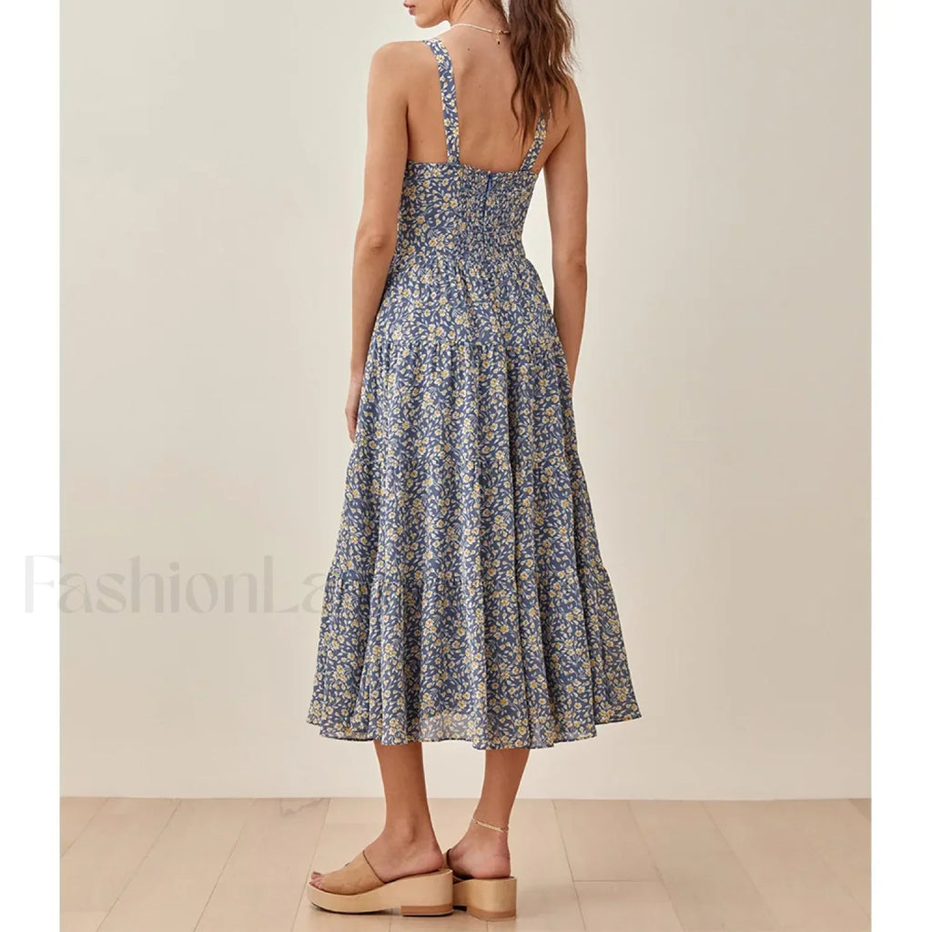 Sweetheart Neck Floral Dress Blue / S