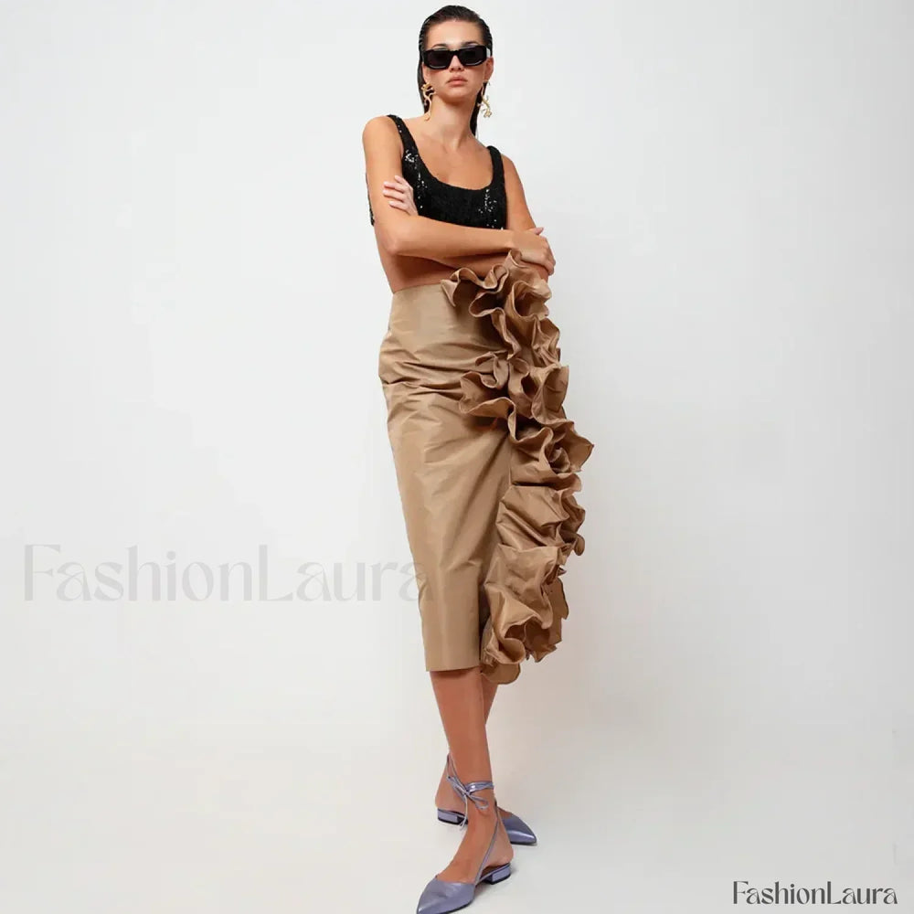 Taffeta Ruffle Midi Pencil Skirt